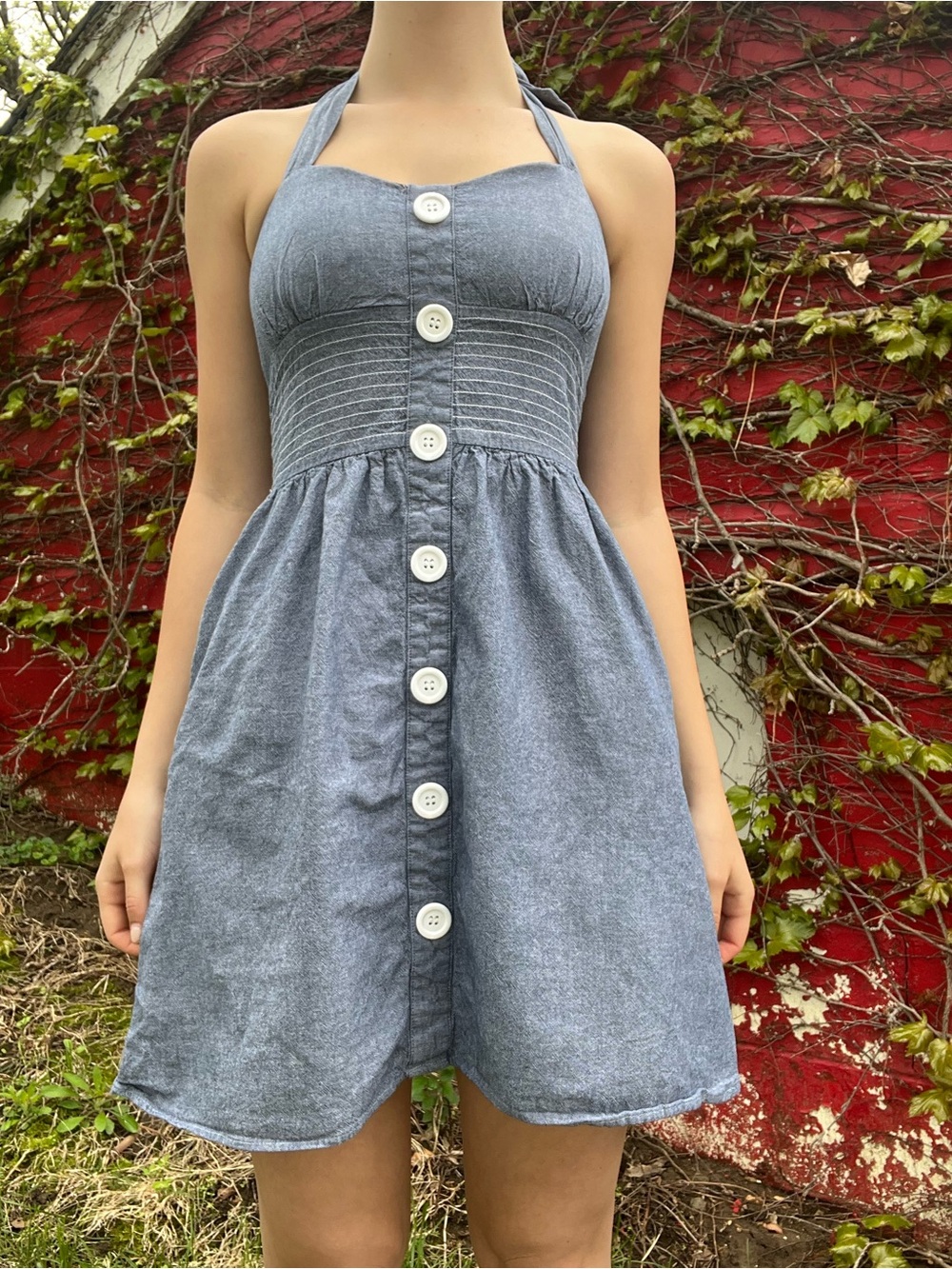 Ruby Rox Chambray Halter Mini Dress in Blue